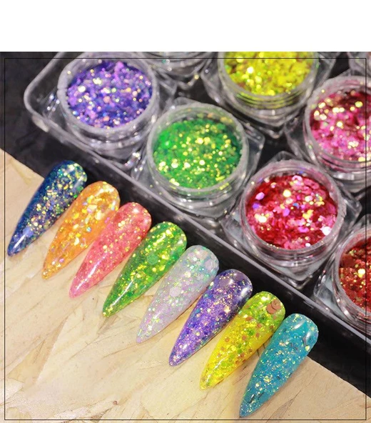 Parlak Tırnak Süsleme Pulları Renkli 12'li set Nail Art - Resim 4