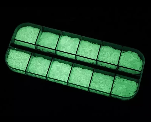 Fosforlu Karanlıkta Parlayan Tırnak Süsleme Pulları 12'li set + Taş Tutucu Kalem Nail Art - Resim 2