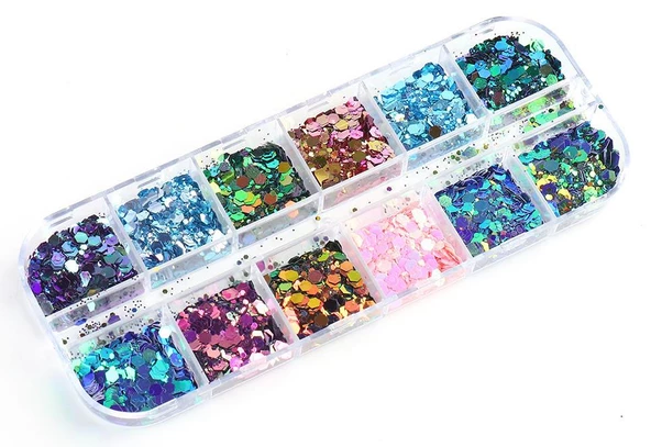 Parlak Tırnak Süsleme Pulları Renkli Altıgen 12'li set Nail Art 002