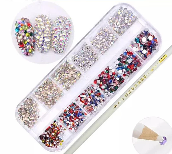 Parlak Tırnak Süsleme Taşı Mix 12'li set + Taş Tutucu Kalem Nail Art