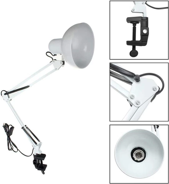 Akrobat Hareketli Masa Çalışma Lambası - Manikür Masa Lambası  Mengeneli Beyaz - Resim 2