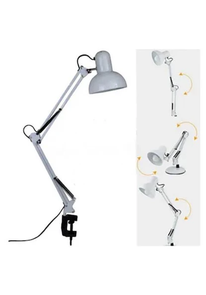 Akrobat Hareketli Masa Çalışma Lambası - Manikür Masa Lambası  Mengeneli Beyaz - Resim 5