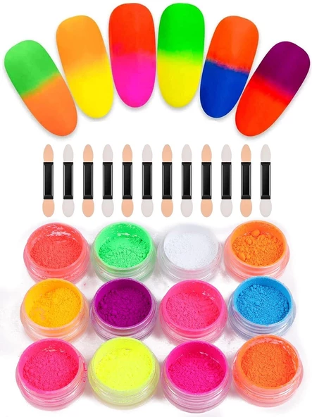 Nail Art Floresan Tırnak Toz Pigment 12li Set Neon Aplikatörlü ürün görseli
