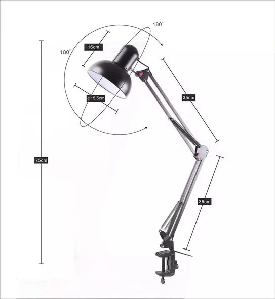 Uzun Akrobat Hareketli Masa Çalışma Lambası - Manikür Masa Lambası Mengeneli ve Alt Tabanlı Siyah - Resim 4