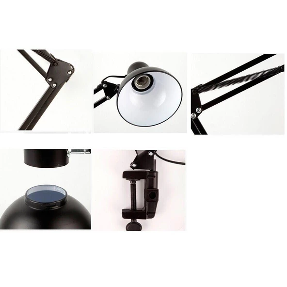 Uzun Akrobat Hareketli Masa Çalışma Lambası - Manikür Masa Lambası Mengeneli ve Alt Tabanlı Siyah - Resim 2