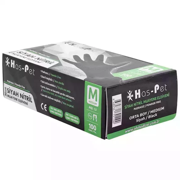 Pudrasız Siyah Nitril Eldiven Medium HasPet 100lü - Resim 2
