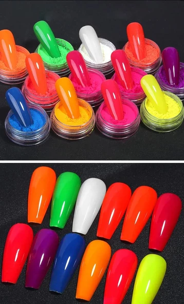 Nail Art Floresan Tırnak Toz Pigment 12li Set Neon Aplikatörlü - Resim 3