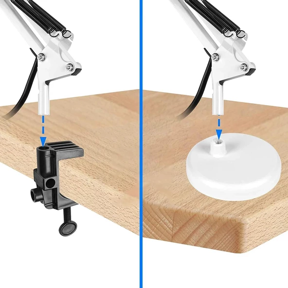 Uzun Akrobat Hareketli Masa Çalışma Lambası - Manikür Masa Lambası  Mengeneli ve Alt Tabanlı Beyaz - Resim 2