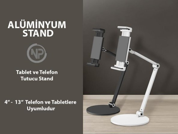 NPO STD20144LG 360° Ayarlanabilir Teleskobik 4"-13" Ergonomik Tablet Standı Koyu Gri - 10