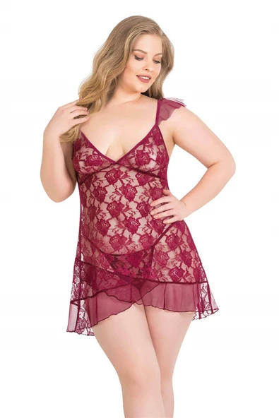 Aria's Closet Büyük Beden Bordo Kısa Tül Gecelik
