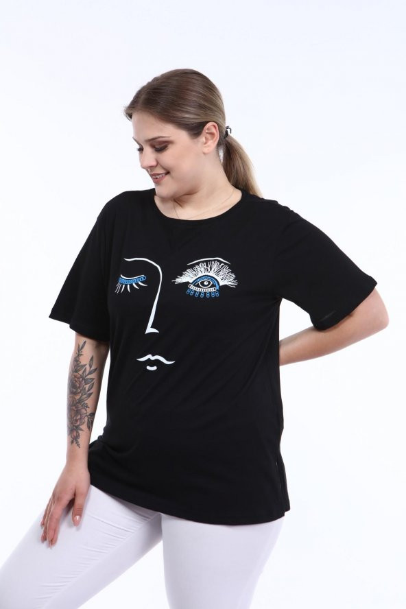 Pianoluce Kadın Büyük Beden Baskılı Yarım Kol T-Shirt - 11