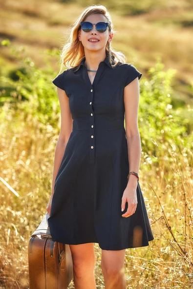 Gömlek Yaka Ön Düğmeli Kısa Kollu Kloş Elbise - 3