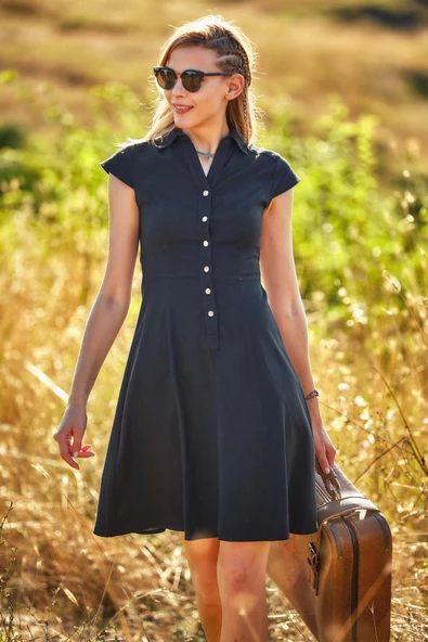 Gömlek Yaka Ön Düğmeli Kısa Kollu Kloş Elbise - 2