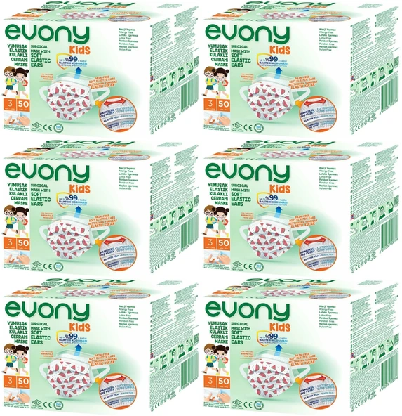 Evony 3 Katlı Filtreli Burun Telli Cerrahi Maske (Kids Çoçuklar İçin) 300 Lü Set (Desenli)