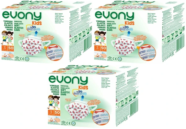 Evony 3 Katlı Filtreli Burun Telli Cerrahi Maske (Kids Çoçuklar İçin) 150 Li Set (Desenli)