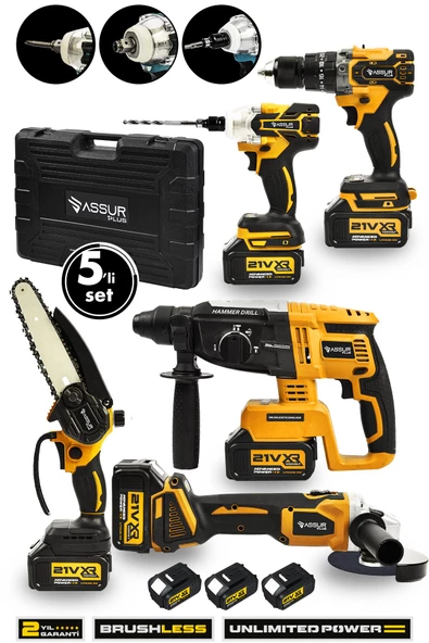 Assur Plus 21V 2.0Ah Kömürsüz Darbeli 5'li Set Şarjlı Hilti + Taşlama + Somun Sıkma + Akülü Vidalama + Budama Testeri