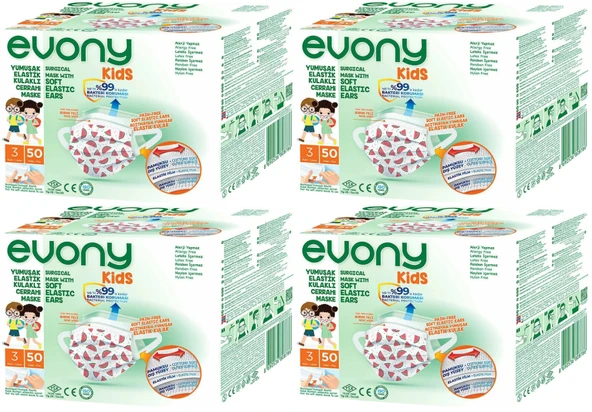Evony 3 Katlı Filtreli Burun Telli Cerrahi Maske (Kids Çoçuklar İçin) 200 Lü Set (Desenli)