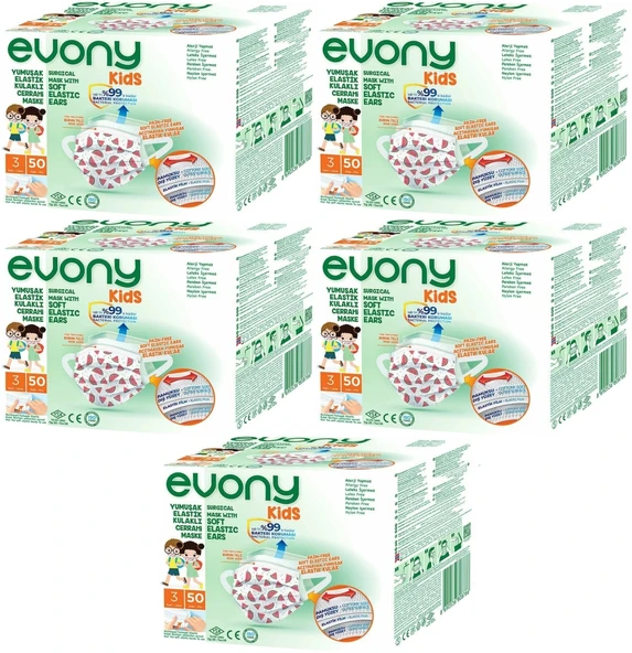 Evony 3 Katlı Filtreli Burun Telli Cerrahi Maske (Kids Çoçuklar İçin) 250 Li Set (Desenli)