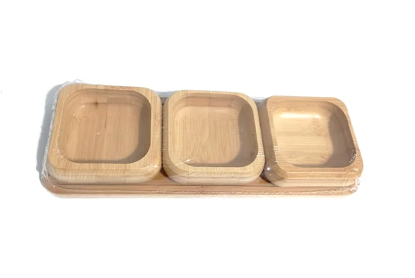ÇEREZLİK 3 LÜ BAMBU AHŞAP-BAMBOO SNACK BOWL BOYUT: TABAN 29.5 cm x 10.5 cm KASE:9cm x 9cmx3cm - 2
