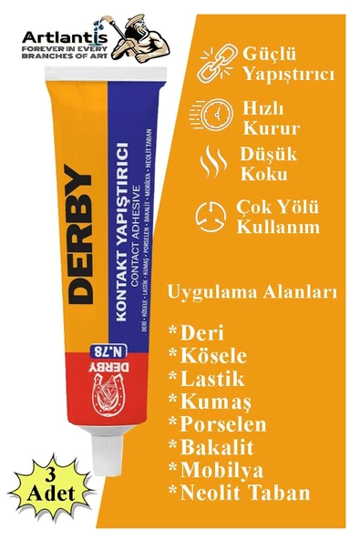 Derby Yapıştırıcı 40 gr Tüp 3 Adet Kontakt Sıvı Yapıştırıcı Deri Kösele Lastik Kumaş Porselen Mobilya Yapıştırıcı