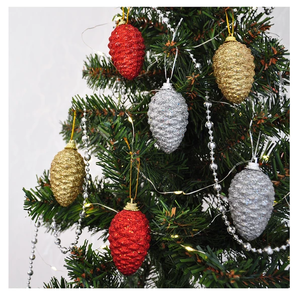 Yılbaşı Ağaç Süsü Simli Renkli Kozalak 6 lı 6 cm ürün görseli