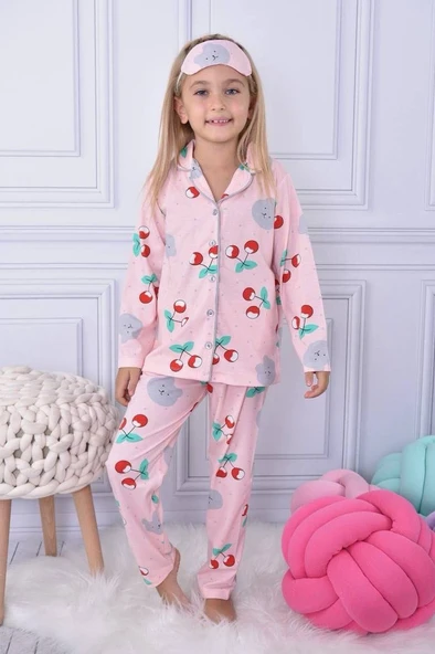 Kız Çocuk Baskılı Penye , Uyku Maskeli Pijama Takım M00668 - 3