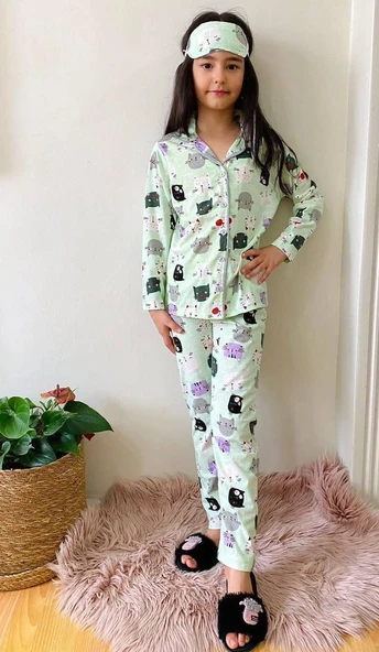 Kız Çocuk Baskılı Penye , Uyku Maskeli Pijama Takım M00668 - 4