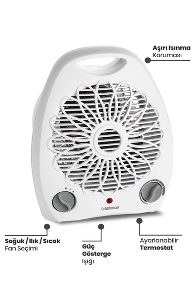 Goldmaster Summer Beyaz 2000 Watt Isıya Dayanıklı Sıcak Ilık Soğuk Devrilme Emniyetli Isıtıcı Fan - 4