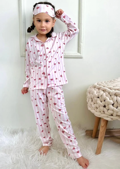 Kız Çocuk Baskılı Penye , Uyku Maskeli Pijama Takım M00668 - 10