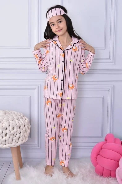 Kız Çocuk Baskılı Penye , Uyku Maskeli Pijama Takım M00668