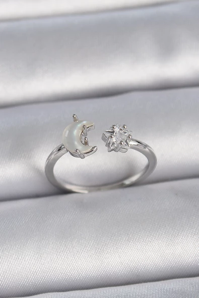 Pirinç Gümüş Renk İncili Hilal Zirkon Taşlı Yıldız Ayarlanabilir Kadın Yüzük - TJ-BYK3361 ürün görseli