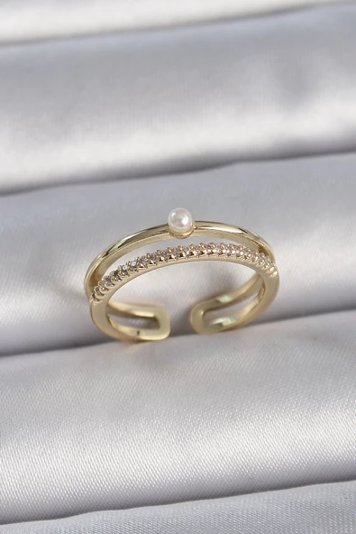Pirinç Gold Renk Zirkon Taşlı İnci Detay Ayarlanabilir Model Kadın Yüzük - TJ-BYK3370 ürün görseli
