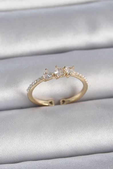 Pirinç Gold Renk Zirkon Taşlı Kalp İnci Detaylı Ayarlanabilir Model Kadın Yüzük - TJ-BYK3362 ürün görseli