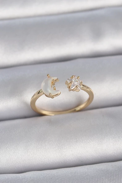 Pirinç Gold Renk İncili Hilal Zirkon Taşlı Yıldız Ayarlanabilir Model Kadın Yüzük - TJ-BYK3360 ürün görseli