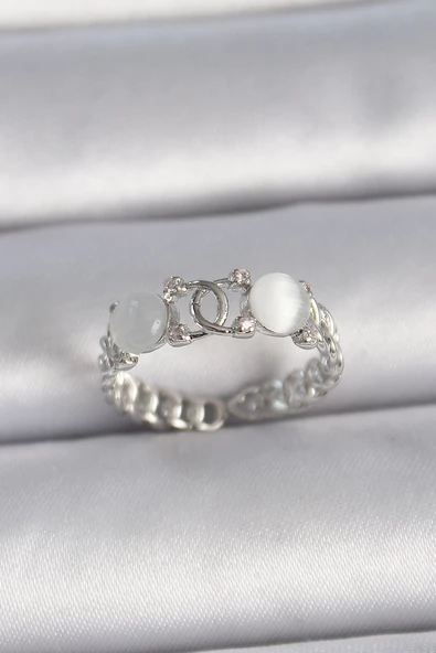 Pirinç Gümüş Renk Ayarlanabilir Zirkon Taşlı Beyaz Mineli Birleşik Halka Model Kadın Yüzük - TJ-BYK3403 ürün görseli