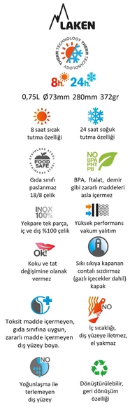 Laken Çelik 18/8 Classic Termos Şişe 0,75L - Mavi LKTA7A - 2