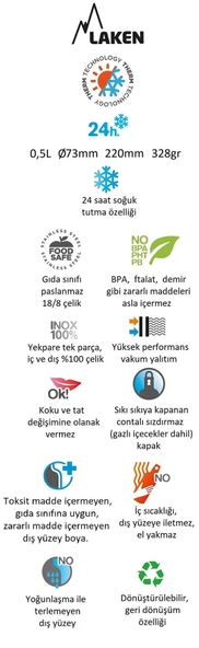 Laken Çelik 18/8 Jannu Termos Şişe 0,50L - Kırmızı LKTJ5R - 2