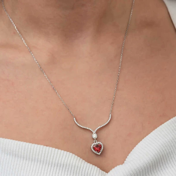 Lucky Life Kadın Gümüş Kırmızı Zirkon Taşlı Kalp Kadın Kolye - Resim 8