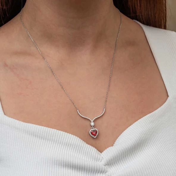 Lucky Life Kadın Gümüş Kırmızı Zirkon Taşlı Kalp Kadın Kolye - Resim 6