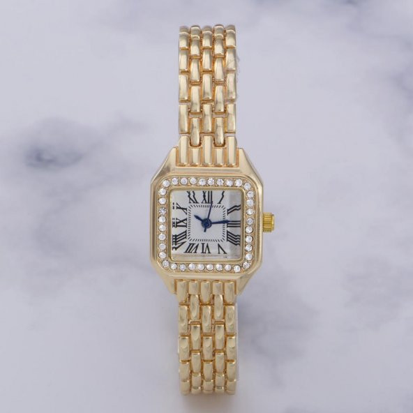 Yeni Sezon Taşlı Retro Model Roma Rakamlı Sarı Renk İnce Çelik Kordonlu Saat ST-303881