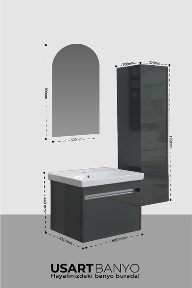 USART Line 60 Antrasit Gri Parlak Yüzey Banyo Dolabı Takimi, GÜNIŞIĞI Led, Boy Dolabı HEDİYE - 2