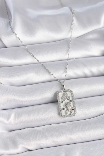 Gümüş Renk Zincir Aslan Burcu Zirkon Taşlı Kadın Kolye - EBJ261410W29144 - Resim 2