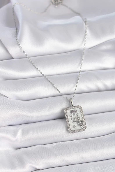 Gümüş Renk Zincir Koç Burcu Zirkon Taşlı Kadın Kolye - EBJ261410W29145 - Resim 2