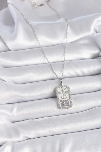 Gümüş Renk Terazi Burcu Zirkon Taşlı Kadın Kolye - EBJ261410W29147 - Resim 2