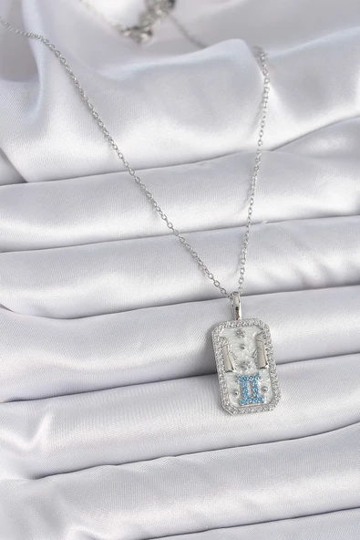 Gümüş Renk Zincir İkizler Burcu Zirkon Taşlı Kadın Kolye - EBJ261410W29139 - Resim 2