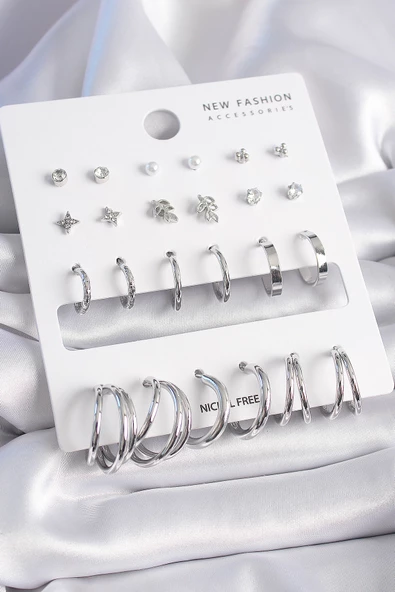 Gümüş Renk Zirkon Taş Detaylı 12 Çift Kadın Küpe Seti - EBJ261410W29092 - Resim 2