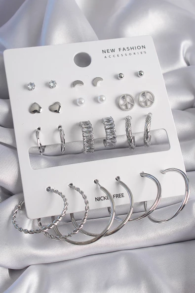 Gümüş Renk Zirkon Taş Detaylı 12 Çift Kadın Küpe Seti - EBJ261410W29093 ürün görseli