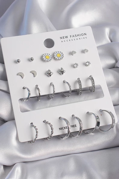 Gümüş Renk Zirkon Taş Detaylı 12 Çift Kadın Küpe Seti - EBJ261410W29097 ürün görseli