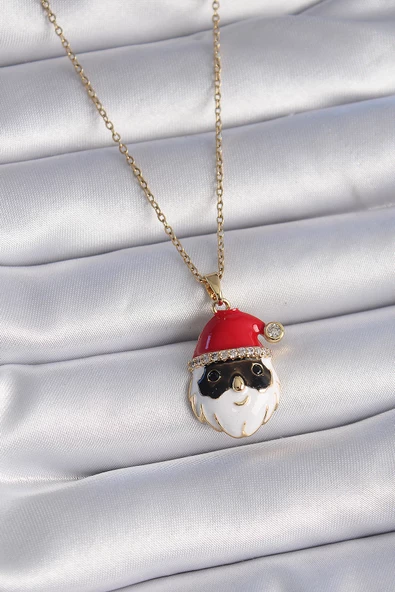 Gold Renk Zincir Zirkon Taşlı Noel Baba Figür Kadın Kolye - EBJ261410W29089 - Resim 3