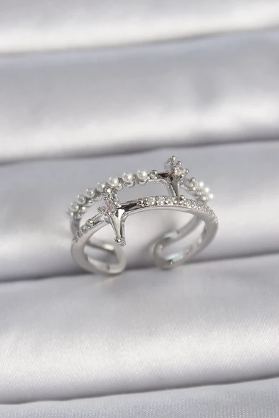 Gümüş Renk Ayarlanabilir Zirkon Taşlı Kutup Yıldız İnci Detay Kadın Yüzük - EBJ261410W29252 ürün görseli